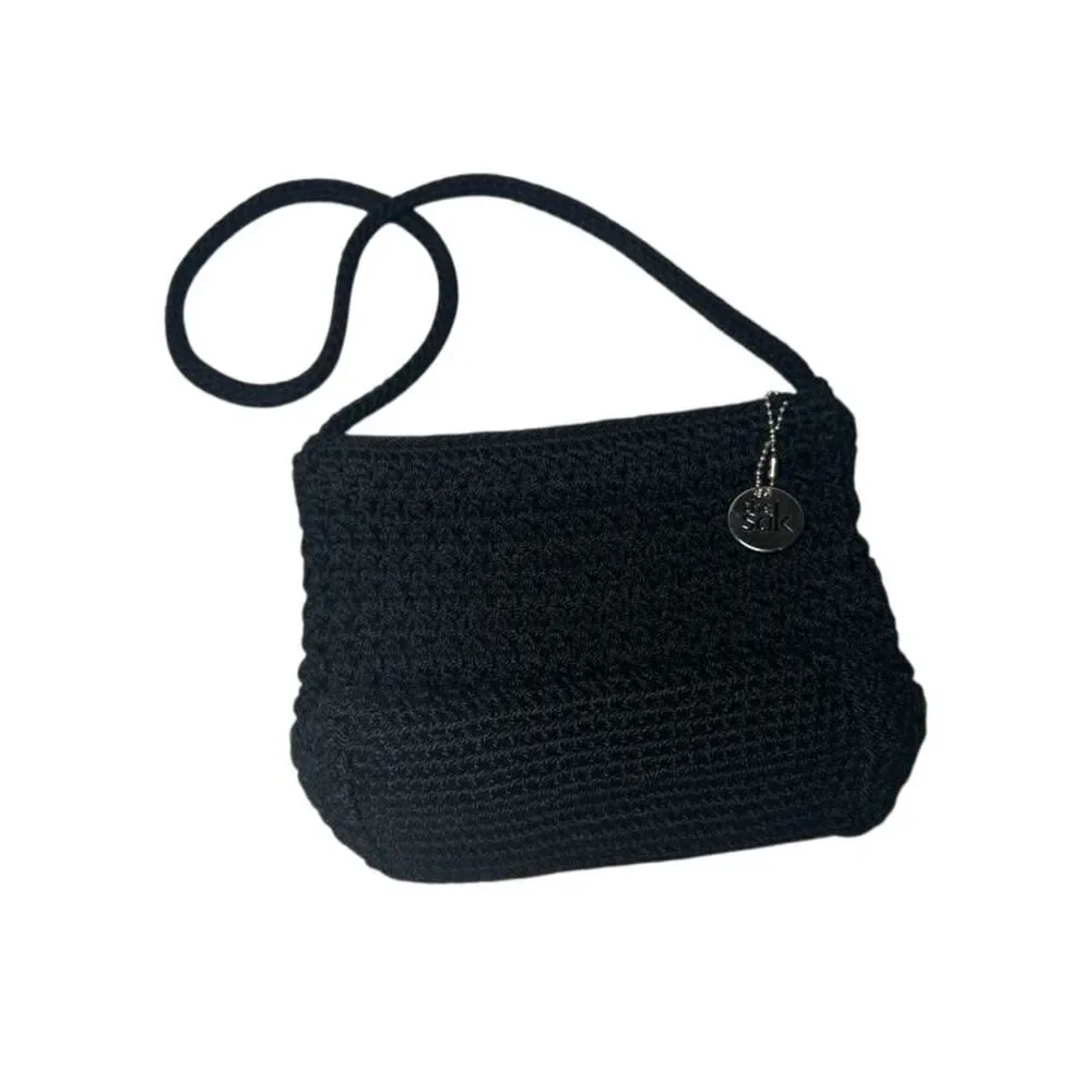 SAK Black‎ Crochet Knit Shoulder Bag with Silver Charm Casual Everyday Handbag